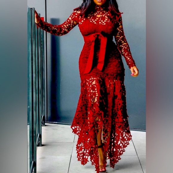 Red Hollow Floor-Length Lace-Up Asymmetrical Maxi Dress, EUC - Picture 1 of 5